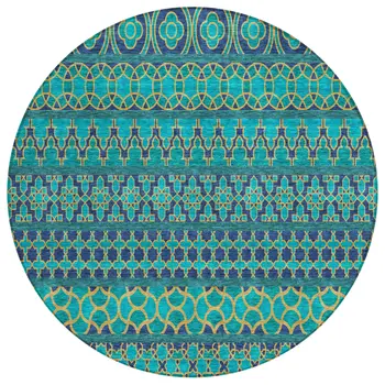 8' Teal Blue And Navy Blue Round Quatrefoil Washable Indoor Outdoor Area Rug
