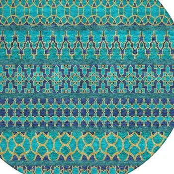 8' Teal Blue And Navy Blue Round Quatrefoil Washable Indoor Outdoor Area Rug