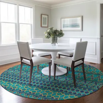 8' Teal Blue And Navy Blue Round Quatrefoil Washable Indoor Outdoor Area Rug