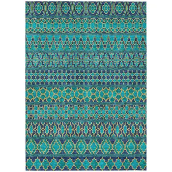10' X 14' Teal Blue And Navy Blue Quatrefoil Washable Indoor Outdoor Area Rug