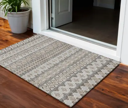 3' X 5' Taupe Beige And Gray Quatrefoil Washable Indoor Outdoor Area Rug
