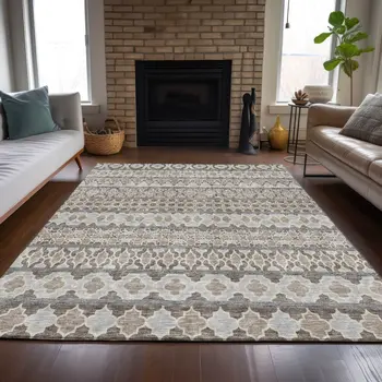 8' X 10' Taupe Beige And Gray Quatrefoil Washable Indoor Outdoor Area Rug