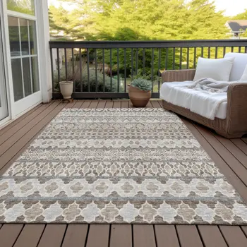 10' X 14' Taupe Beige And Gray Quatrefoil Washable Indoor Outdoor Area Rug
