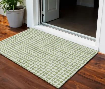 3' X 5' Artichoke Green And Ivory Geometric Washable Indoor Outdoor Area Rug