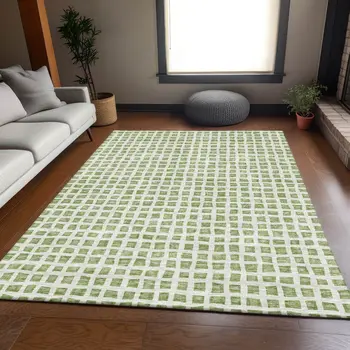 3' X 5' Artichoke Green And Ivory Geometric Washable Indoor Outdoor Area Rug