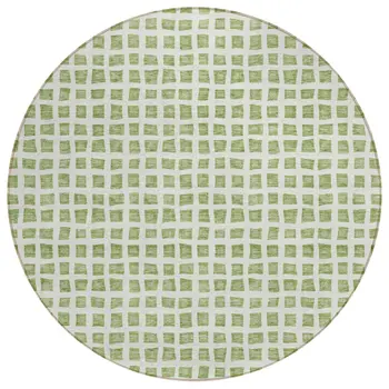 8' Artichoke Green And Ivory Round Geometric Washable Indoor Outdoor Area Rug