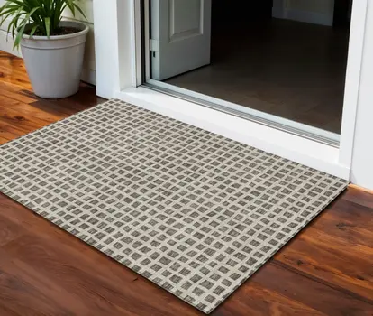 3' X 5' Brown Taupe And Ivory Geometric Washable Indoor Outdoor Area Rug