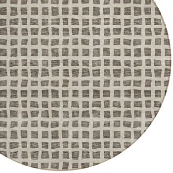 8' Brown Taupe And Ivory Round Geometric Washable Indoor Outdoor Area Rug