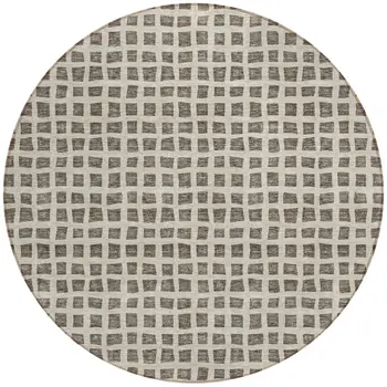 8' Brown Taupe And Ivory Round Geometric Washable Indoor Outdoor Area Rug