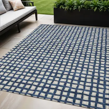 5' X 8' Navy Blue And Ivory Geometric Washable Indoor Outdoor Area Rug