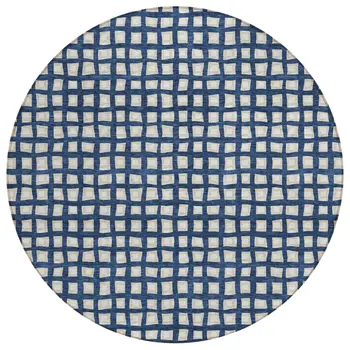 8' Navy Blue And Ivory Round Geometric Washable Indoor Outdoor Area Rug