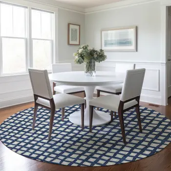 8' Navy Blue And Ivory Round Geometric Washable Indoor Outdoor Area Rug