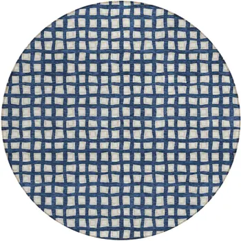 8' Navy Blue And Ivory Round Geometric Washable Indoor Outdoor Area Rug