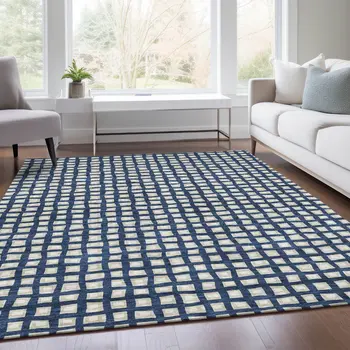 8' X 10' Navy Blue And Ivory Geometric Washable Indoor Outdoor Area Rug