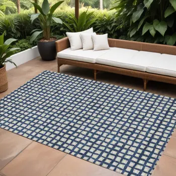 9' X 12' Navy Blue And Ivory Geometric Washable Indoor Outdoor Area Rug
