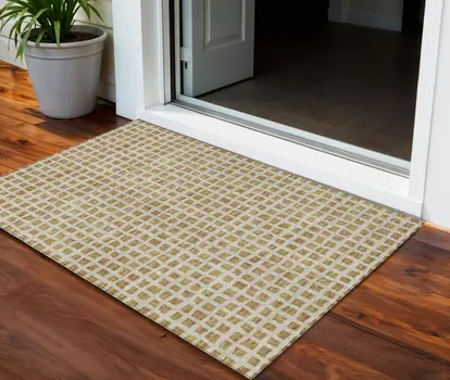 3' X 5' Gold And Beige Geometric Washable Indoor Outdoor Area Rug