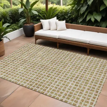 5' X 8' Gold And Beige Geometric Washable Indoor Outdoor Area Rug