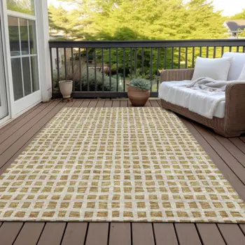 5' X 8' Gold And Beige Geometric Washable Indoor Outdoor Area Rug