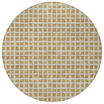 8' Gold And Beige Round Geometric Washable Indoor Outdoor Area Rug