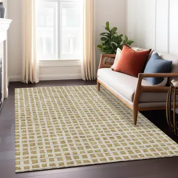 8' X 10' Gold And Beige Geometric Washable Indoor Outdoor Area Rug