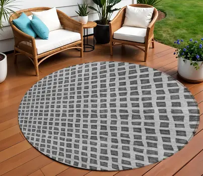 8' Graphite Gray And Silver Round Geometric Washable Indoor Outdoor Area Rug