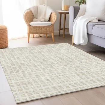 9' X 12' Ivory And Beige Geometric Washable Indoor Outdoor Area Rug