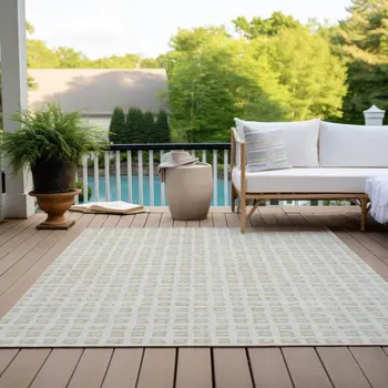 10' X 14' Ivory And Beige Geometric Washable Indoor Outdoor Area Rug