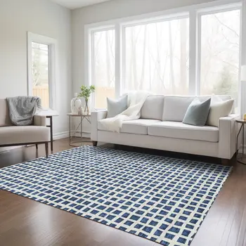 5' X 8' Navy Blue And Ivory Geometric Washable Indoor Outdoor Area Rug