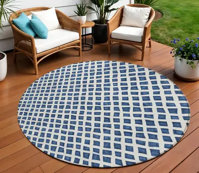 8' Navy Blue And Ivory Round Geometric Washable Indoor Outdoor Area Rug