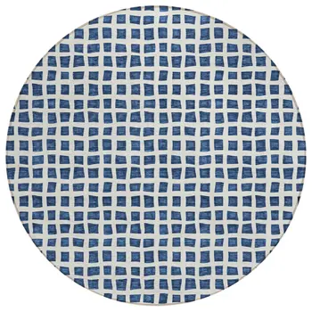 8' Navy Blue And Ivory Round Geometric Washable Indoor Outdoor Area Rug