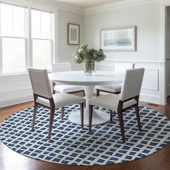 8' Navy Blue And Ivory Round Geometric Washable Indoor Outdoor Area Rug