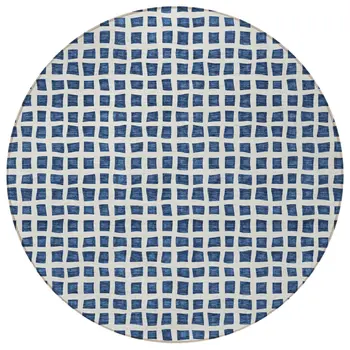 8' Navy Blue And Ivory Round Geometric Washable Indoor Outdoor Area Rug
