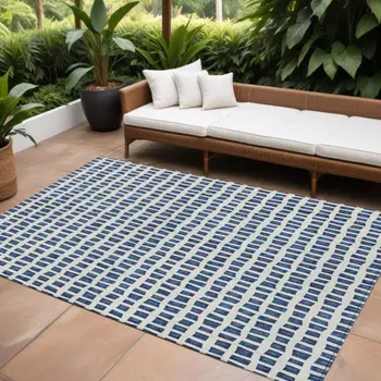9' X 12' Navy Blue And Ivory Geometric Washable Indoor Outdoor Area Rug