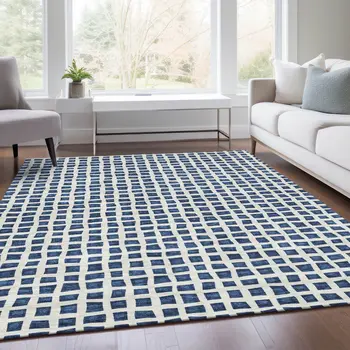 10' X 14' Navy Blue And Ivory Geometric Washable Indoor Outdoor Area Rug