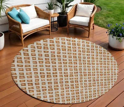 8' Orange Beige And Copper Round Geometric Washable Indoor Outdoor Area Rug