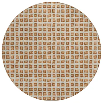 8' Orange Beige And Copper Round Geometric Washable Indoor Outdoor Area Rug