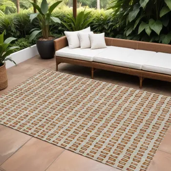 9' X 12' Orange Beige And Copper Geometric Washable Indoor Outdoor Area Rug