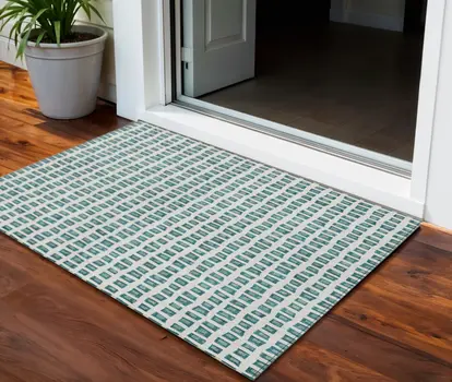 3' X 5' Teal Blue And Ivory Geometric Washable Indoor Outdoor Area Rug