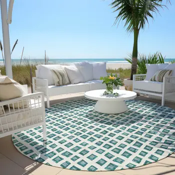 8' Teal Blue And Ivory Round Geometric Washable Indoor Outdoor Area Rug