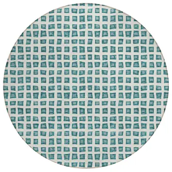 8' Teal Blue And Ivory Round Geometric Washable Indoor Outdoor Area Rug