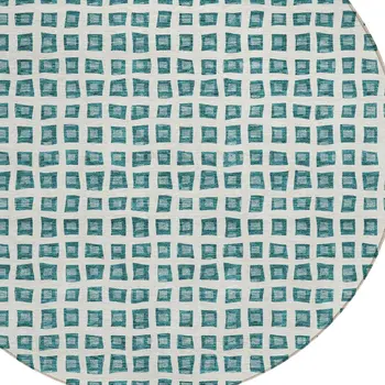 8' Teal Blue And Ivory Round Geometric Washable Indoor Outdoor Area Rug