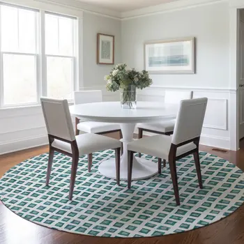 8' Teal Blue And Ivory Round Geometric Washable Indoor Outdoor Area Rug