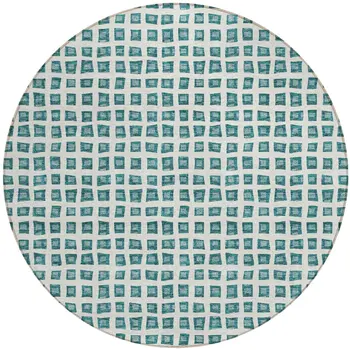 8' Teal Blue And Ivory Round Geometric Washable Indoor Outdoor Area Rug