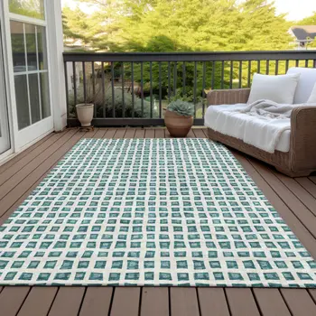8' X 10' Teal Blue And Ivory Geometric Washable Indoor Outdoor Area Rug