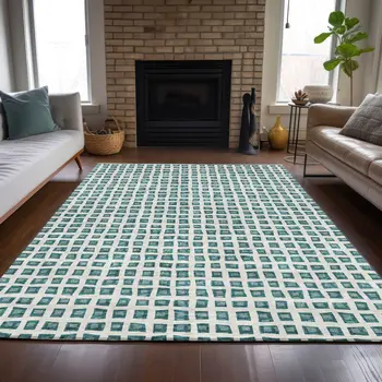 9' X 12' Teal Blue And Ivory Geometric Washable Indoor Outdoor Area Rug
