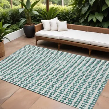 10' X 14' Teal Blue And Ivory Geometric Washable Indoor Outdoor Area Rug