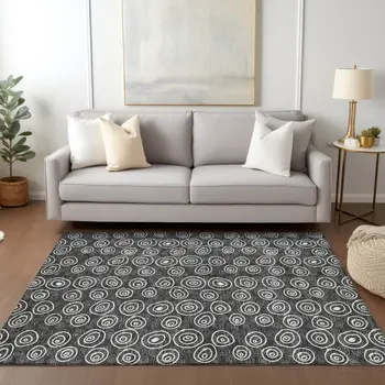 5' X 8' Black Gray And Ivory Geometric Washable Indoor Outdoor Area Rug