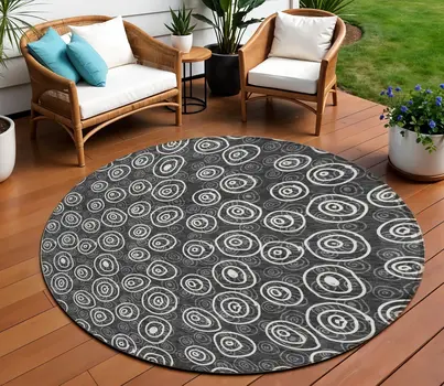 8' Black Gray And Ivory Round Geometric Washable Indoor Outdoor Area Rug