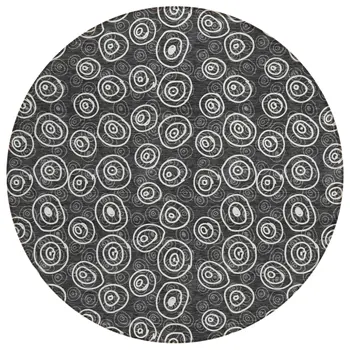 8' Black Gray And Ivory Round Geometric Washable Indoor Outdoor Area Rug