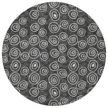 8' Black Gray And Ivory Round Geometric Washable Indoor Outdoor Area Rug